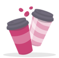 Ilustração dois copos de café e três grãos atrás